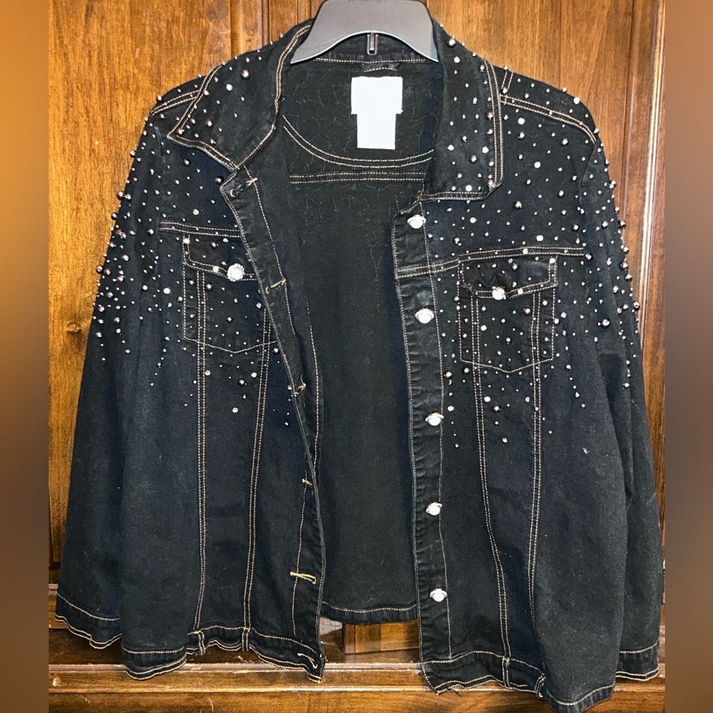 Quacker Factory Black Denim Jacket with Silver Studs